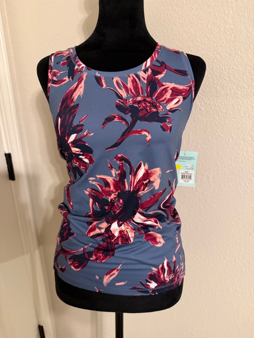 DSG Floral Scoop Tank in Dusty Blue with Pink Accents